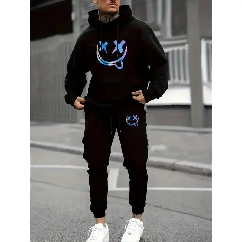Men's Regular Fit Smile Face Print Hoodie & Drawstring Waist Pants Set, Casual Long Sleeve Hooded Pullover & Pocket Pants, Men's Fall & Winter Clothes