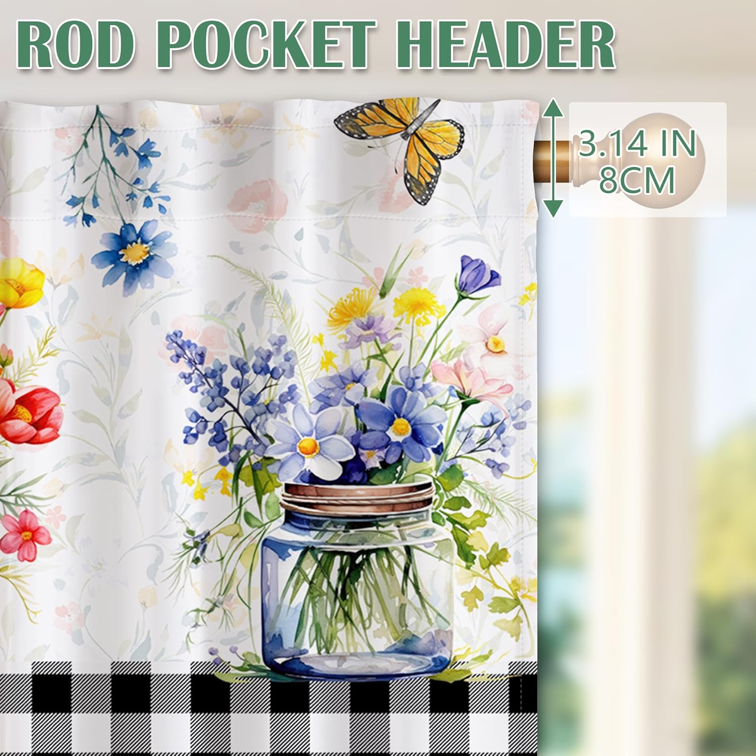 3 Piece Spring  Curtains and valances Set, Random 2 Styles Summer Floral Cafe Curtain 36 inch Length Black & White Buffalo Plaid  Decor kitchen