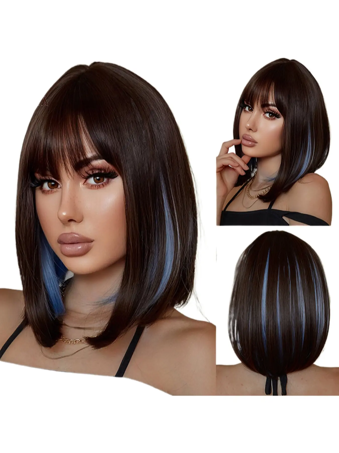 European and American trendy medium-long bob wig with black base and blue peekaboo highlights. Made of high-temperature fiber, comfortable and breathable wig cap, suitable for daily wear, fashionable and versatile.