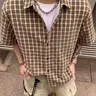 Men's Brown Beige Plaid Short Sleeve Casual Trendy Button Up Shirts, Relaxed Fit Loose Button-Up, Lightweight Breathable Tropical Summer Top for Street Style, Daily Wear & Vacation, Casual Summer Clothing