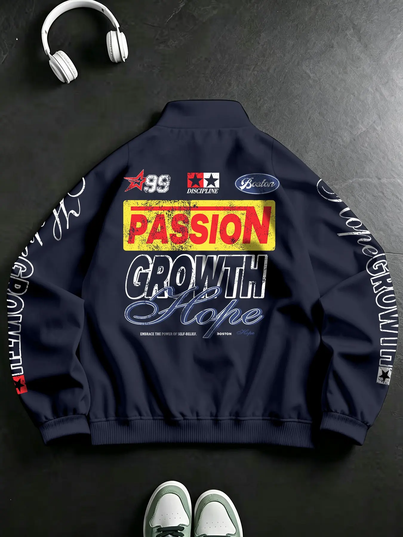 Men's Street Style Motorcycle Jacket, Streetwear, Vintage Letter Star Print, Windproof Material, Zipper Front, Side Pockets, Fall & Winter Outerwear