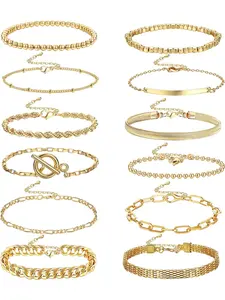 Women's 12-Piece Chain Bracelet Set, 14k Plated, Boho Style, Stackable Design, Paperclip & Cuban Cuff Bangle, All-Season Wear