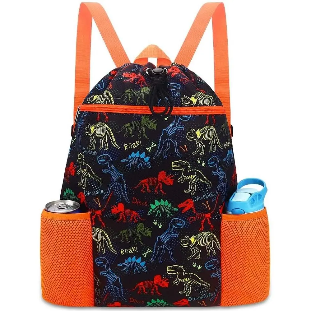 Dinosaur Drawstring Backpack for Kids - Lightweight Waterproof Swim Bag for Beach & Pool, Girls Sports Gym Bag with Two Water Bottle Holders(Gift)