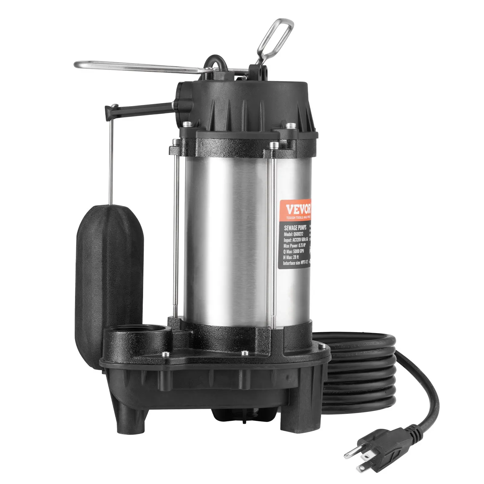 VEVOR Submersible Sewage Pump, 0.75HP 5000 GPH, Cast Iron Sewage Water Pump with 28 ft Lift 10 ft Power Cord and Automatic Float Switch, Stainless Steel for Clean Flooded Basement Yard Farm Sewer