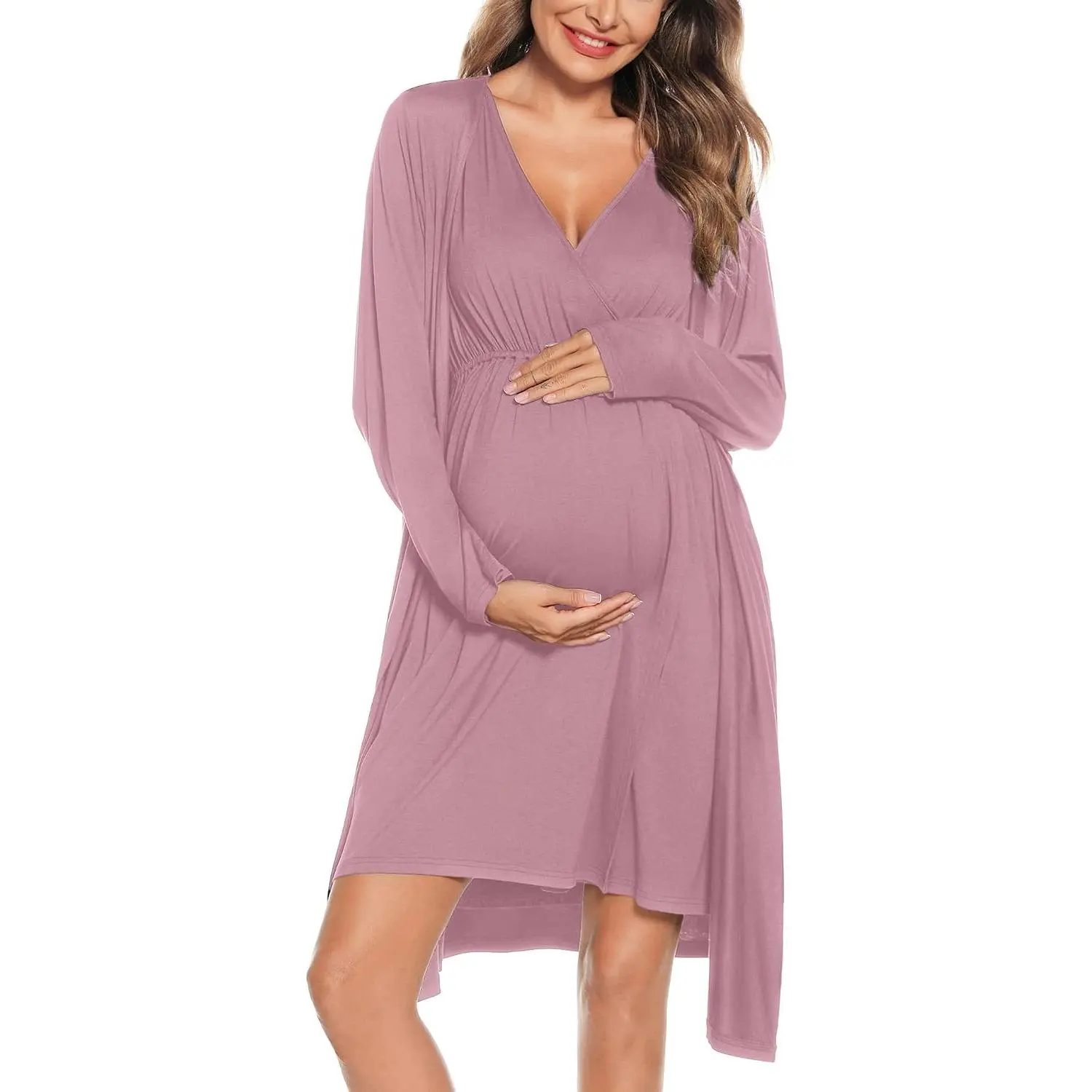 Women's 3-in-1 Maternity Nursing Gown and Robe Set - Labor Delivery Nursing Nightgown for Breastfeeding, Hospital Bathrobe(Gift)