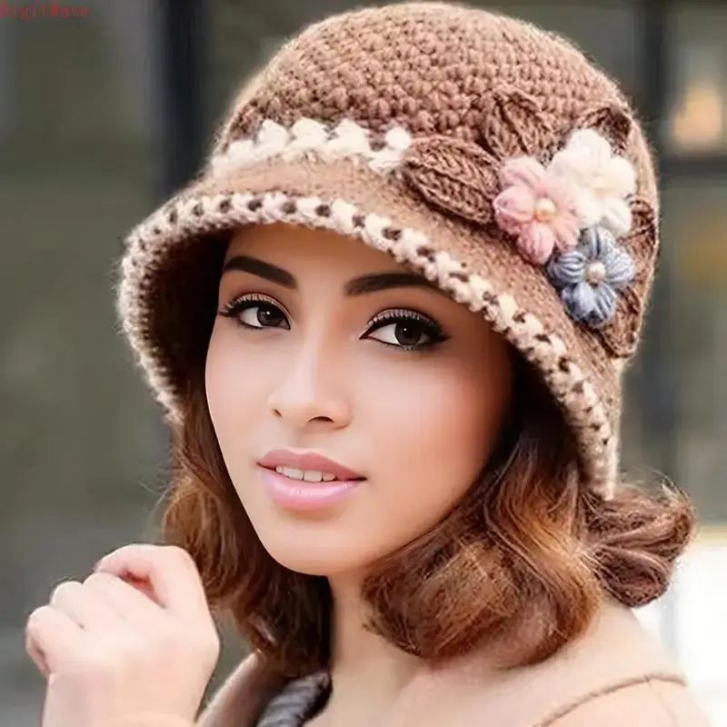 Women's Vintage Floral Handcrafted Crochet Bucket Hat - Coldproof, Thick, Warm, Stylish Fisherman Cap for Autumn, Winter Daily Wear, Handmade Woven, Flower Embroidered, Embroidered Floral Hats, Handmade Woven Hats