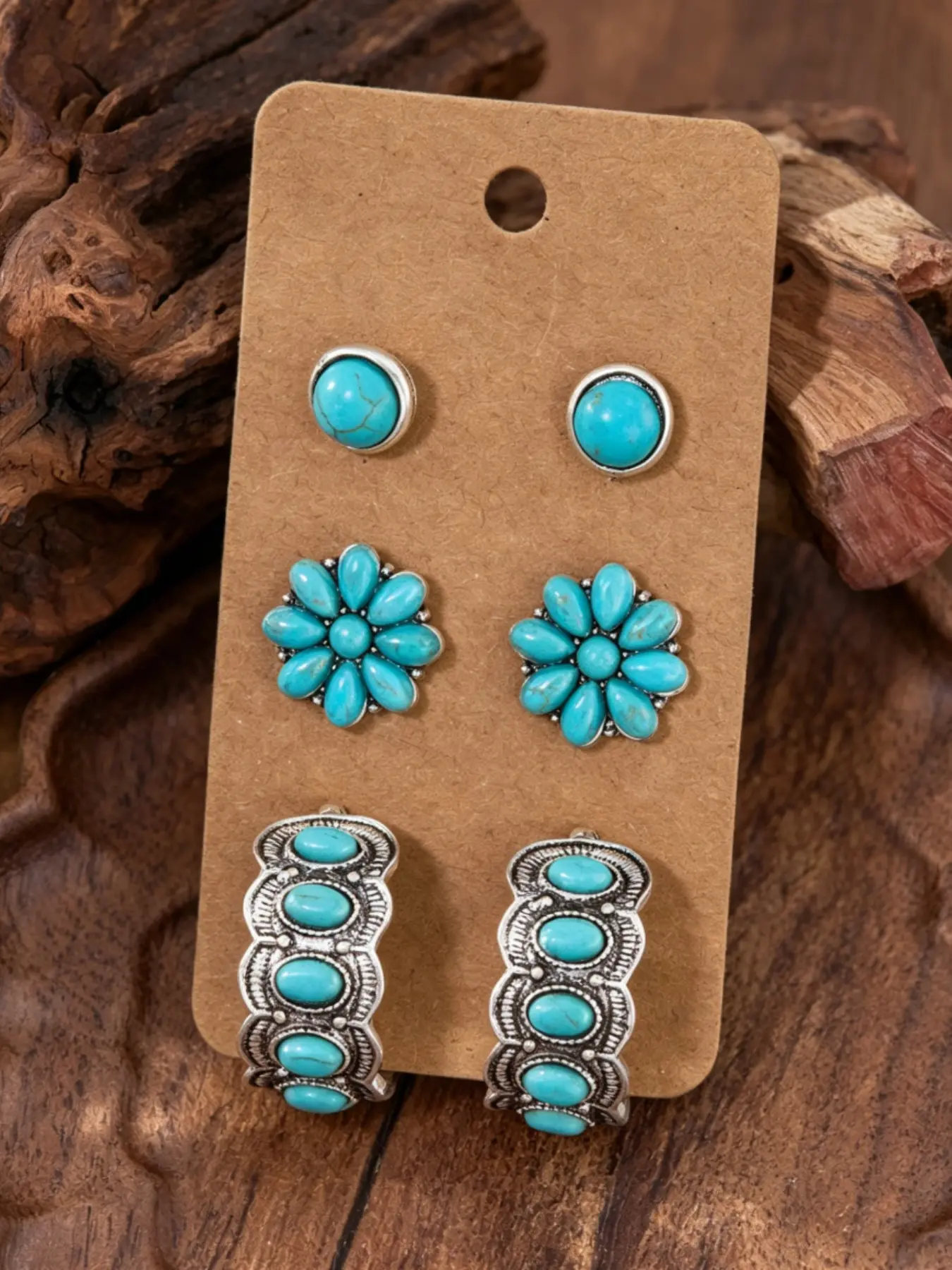 3 Pairs Vintage Turquoise Stud Earring Set, Western Cowgirl Boho Aesthetic Bohemian Antique Silver Zinc Alloy Earrings, Daily & Vacation Outfit Accessories ies