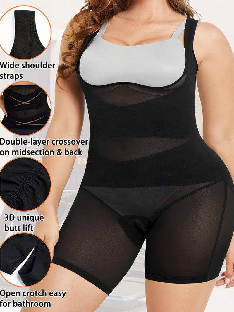 Plus Size Women's High Elastic Breathable Mesh Shapewear Bodysuit Shorts, Ruched Tummy Control Leg Slimming Underwear, Casual Round Neck Vest Top