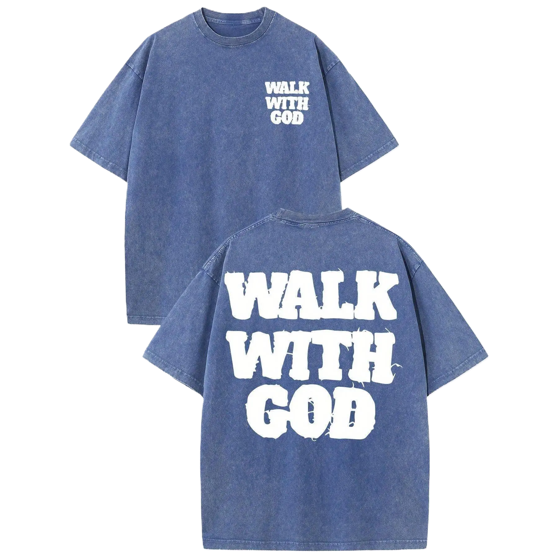 230g Heavyweight Washed Men's Graphic T-Shirt, Walk with God Inspirational Design, Double-Sided Distressed Print, Oversized Drop Shoulder Relaxed Fit, Round Neck Short Sleeve Light Green Lettering Tee, Summer Casual Streetwear