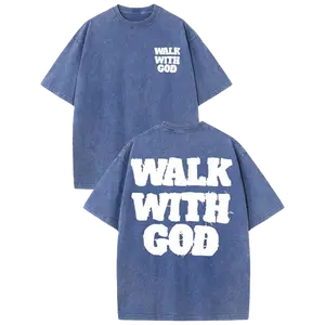 230g Heavyweight Washed Men's Graphic T-Shirt, Walk with God Inspirational Design, Double-Sided Distressed Print, Oversized Drop Shoulder Relaxed Fit, Round Neck Short Sleeve Light Green Lettering Tee, Summer Casual Streetwear