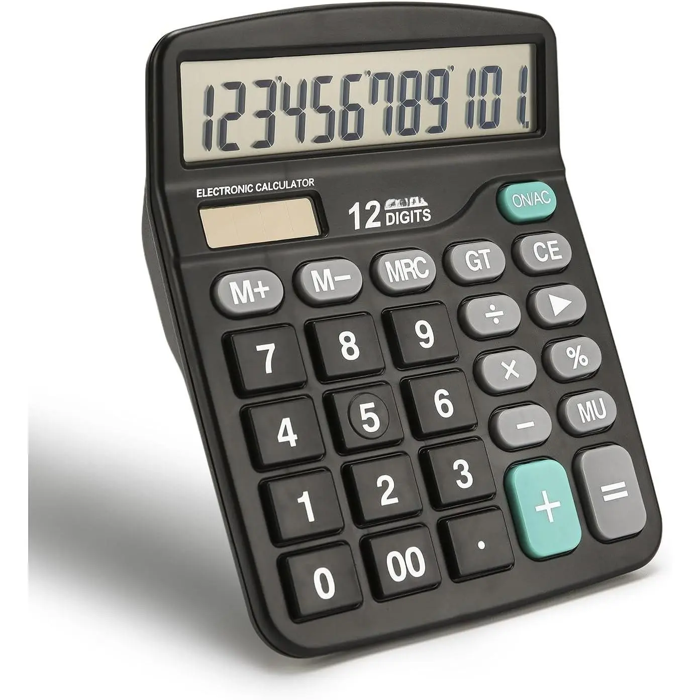 Desk Calculator 12 Digit Office Calculators with Large LCD Display,  Solar Power and , Recessed Big Button Calculator for Office  (Black)