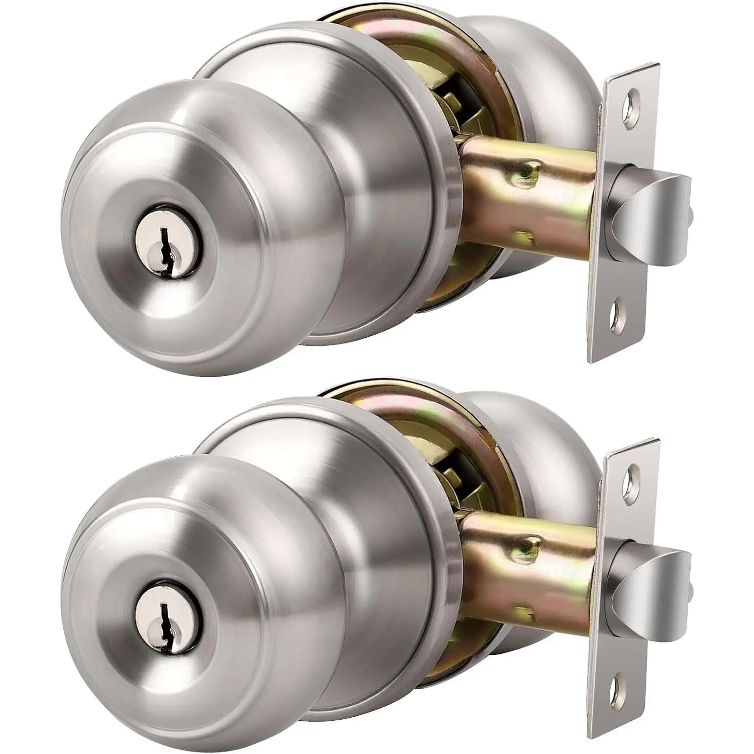 2 Pack Brushed Nickel Door Knob with Lock and Key, Keyed Alike, Exterior Keyed Door Knobs Lock with Same  in Solid Stainless Steel for Entrance and Front Door, Round Ball Handle