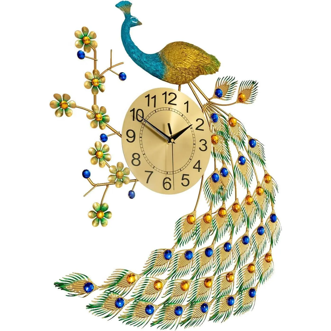 29.5" Large Metal Peacock Wall Clock - 3D Creative Luxury Non-Ticking Silent Digital Art Piece, Mid-Century Big Decor for Living Room, Bedroom, Cafes Home Decor (Blue)