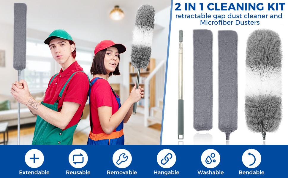 4 Pcs Dusters for Cleaning, 2 in 1 Microfiber Dusters and Retractable Gap Dust Cleaner with 1 Microfiber Dusting Cloths Long Handle 30-100 Inches Extension Pole for Ceiling Fan Cleaning Supplies