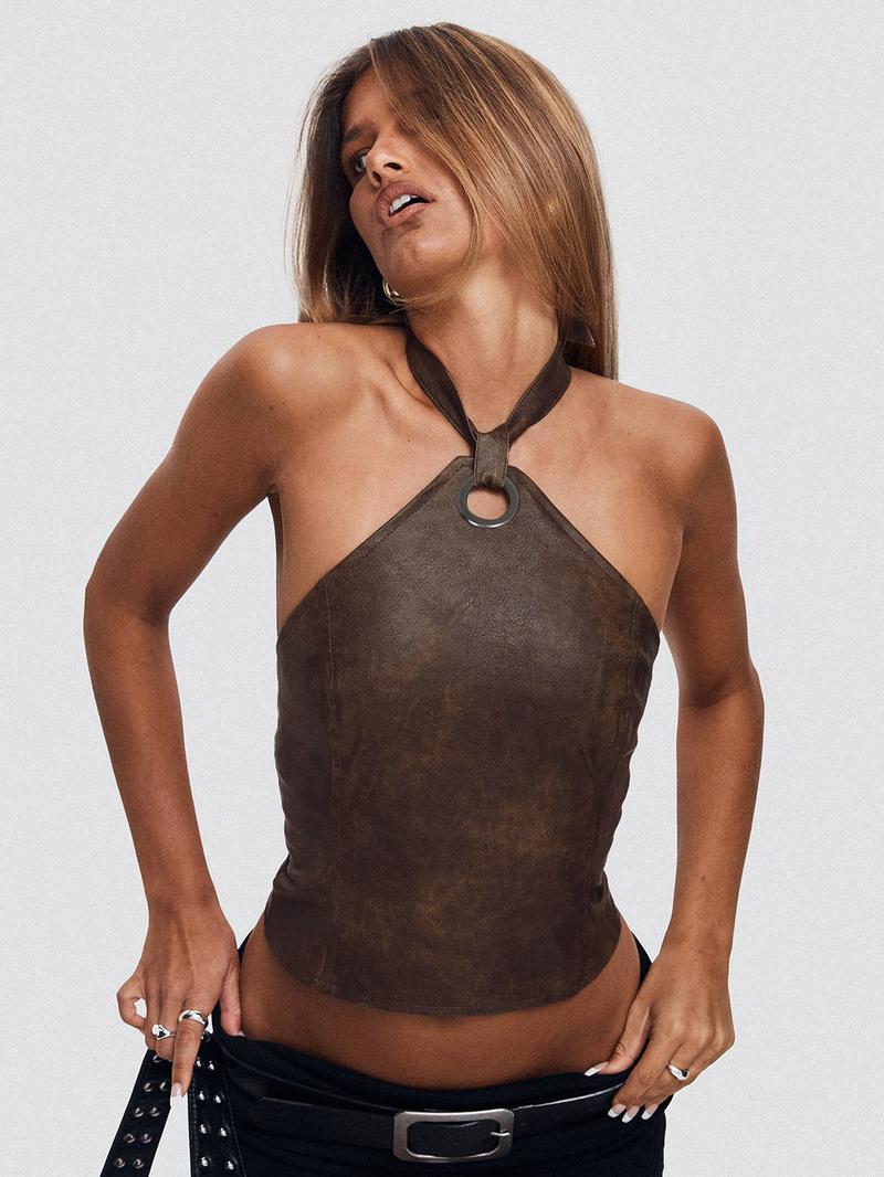 Women's Solid Lace Up Backless Halter Top, Fashion Casual PU Leather Top for Daily Outdoor Wear, Ladies Clothes for Summer