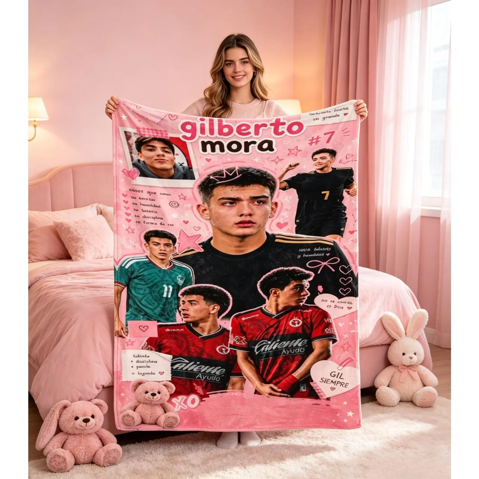 Gilberto Mora Mexico Soccer Pink Collage Flannel Throw Blanket, Cute Liga MX Football Fan Blanket, Soft Cozy Cover For Sofa Bed Office Camping Travel, Latinx Room Decor Gift For Birthday ChristmasHispanic Heritage Month TikTok Viral Amazon Must Have