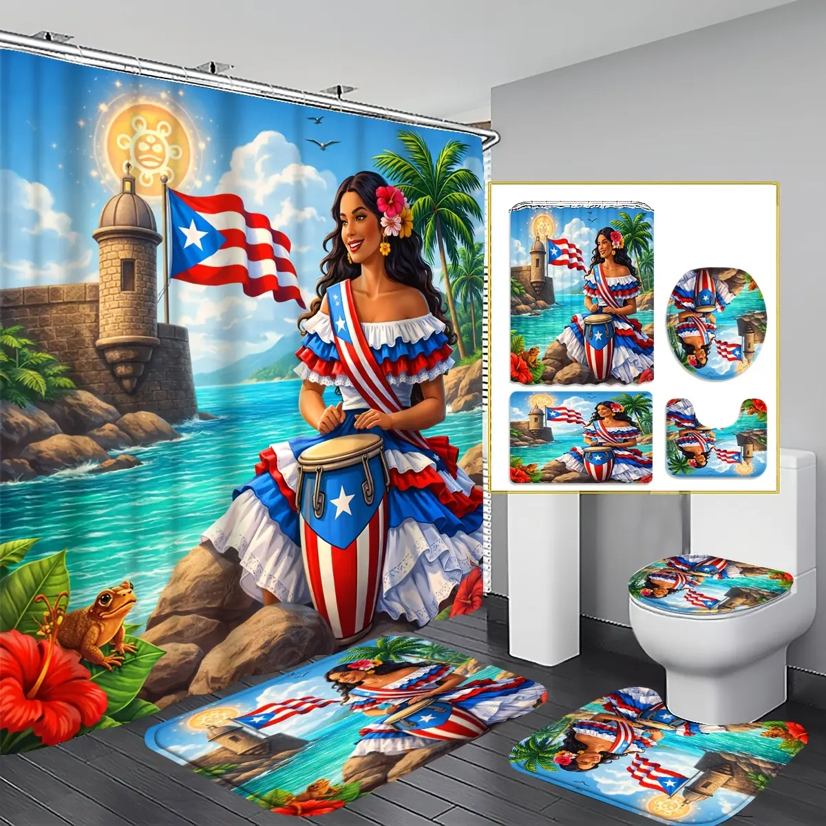 4-Piece UAXIEP Puerto Rico-themed shower curtain set, colorful tropical design, including floor mats, U-shaped mats, toilet covers, ideal for home bathroom decoration