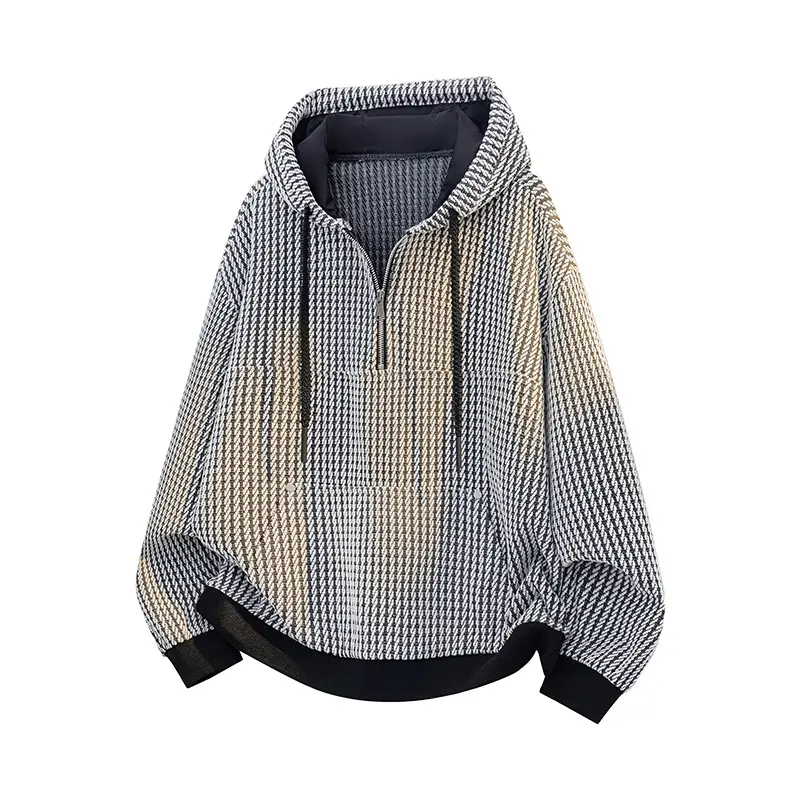 Men's Vintage Houndstooth Half-Zip Hoodie - Slim Fit Polyester Streetwear Top with Drawstring Neck, Long Sleeves, Casual Tops, Machine Washable