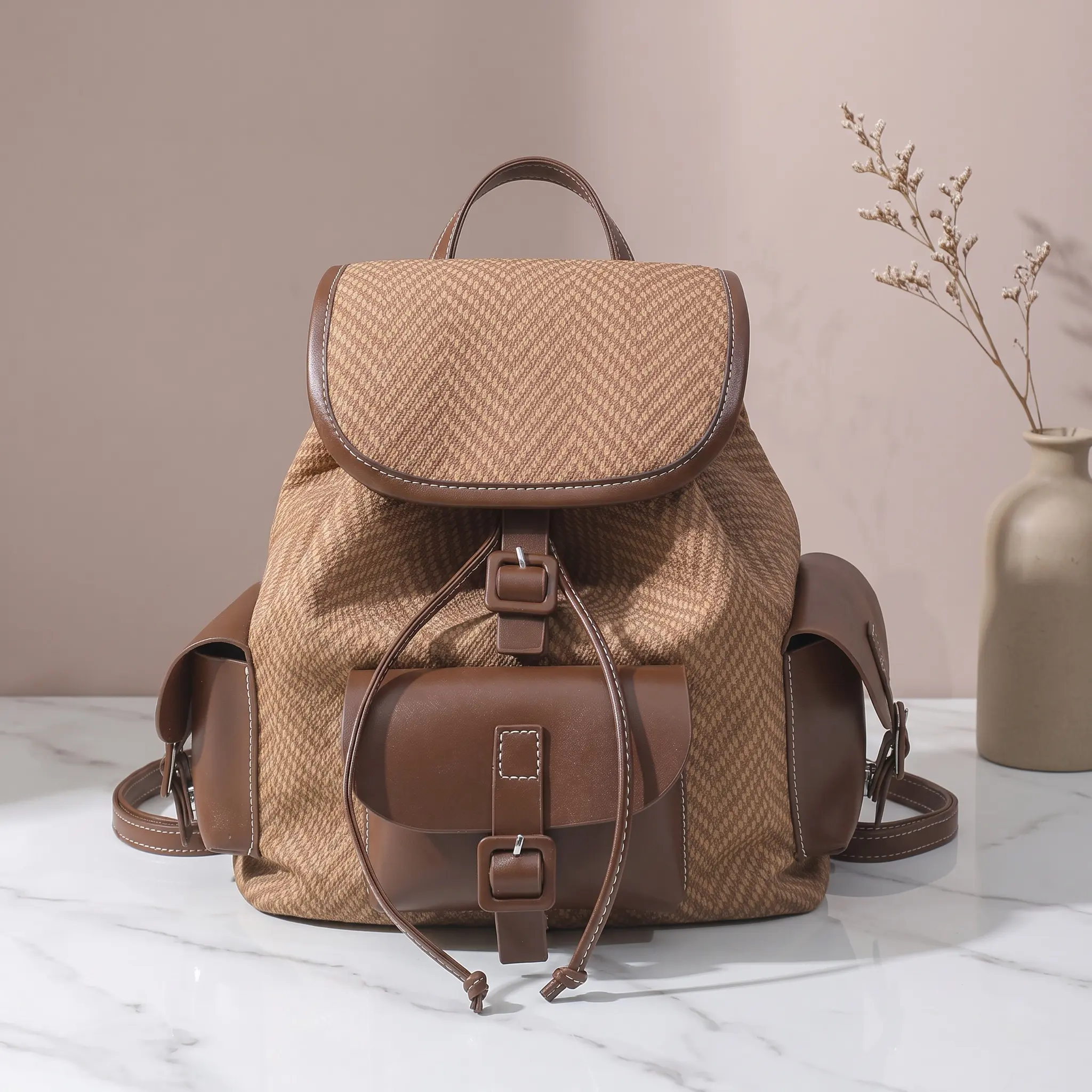 Retro Commuter Backpack For Teens Cozy PU Daypack Drawstring Closure Soft Urban Minimalist Black Brown Coffee Off White Wear Resistant Stitching Detail Medium Size Everyday Essential