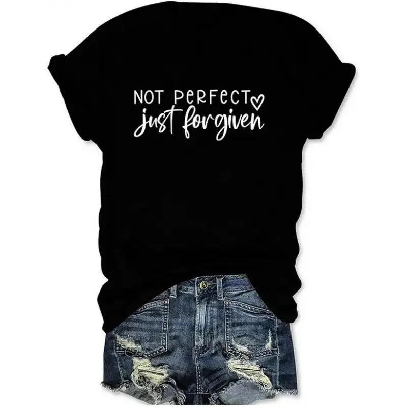 Women's Loose-Fitting Short Sleeve Crew Neck Christian T-Shirt - "Not Perfect Just Forgiven" Faith Graphic Tee with Heart Print, for Church, Outdoors, Party Wear, Easter Gift, Casual, S–5Xl