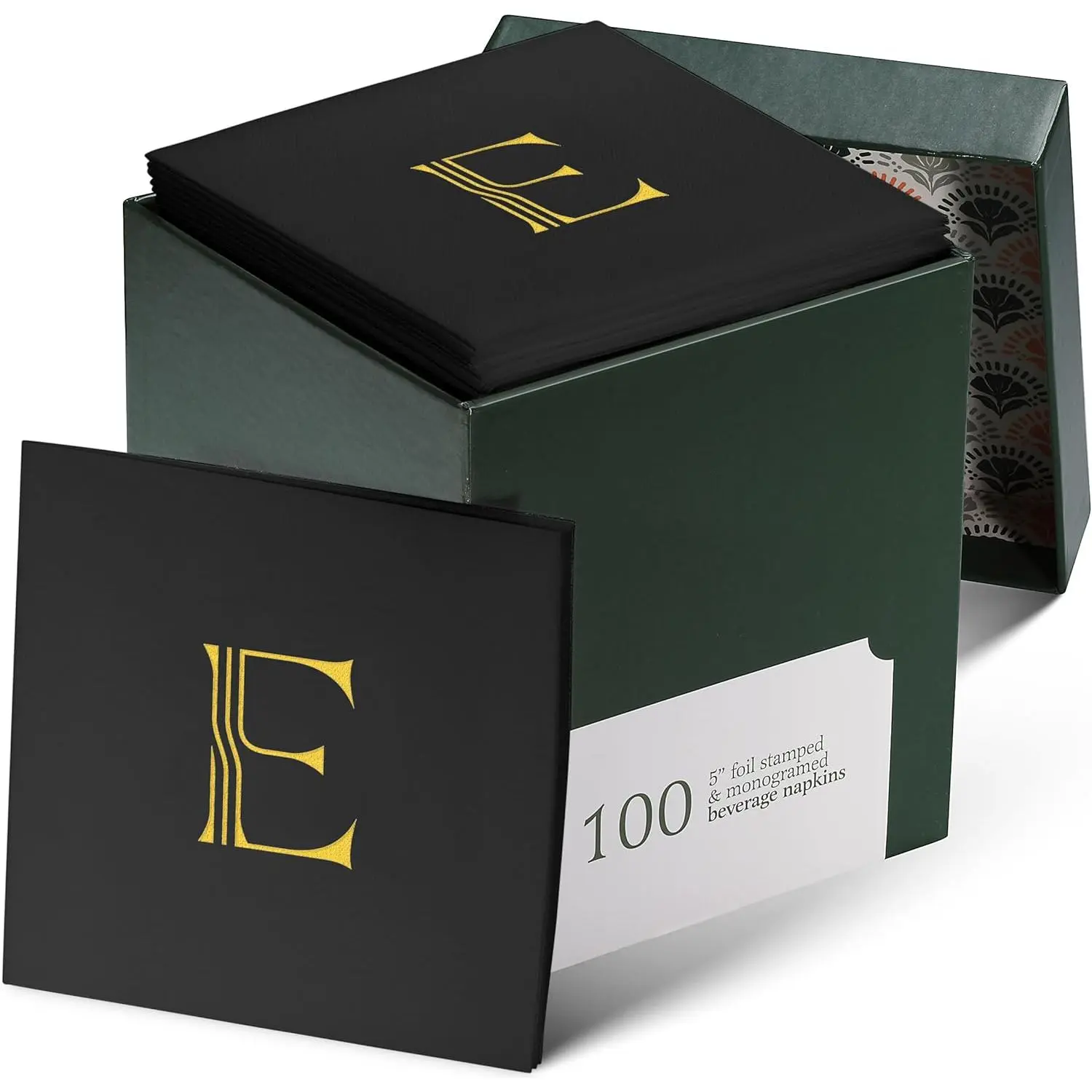 100 Pack Disposable Monogrammed Cocktail Napkins Black, 5"x5" Linen-Feel Gold Foil Letter E Paper Napkins, Initial White Beverage Napkins For Wedding, Party, Bar Or Holiday