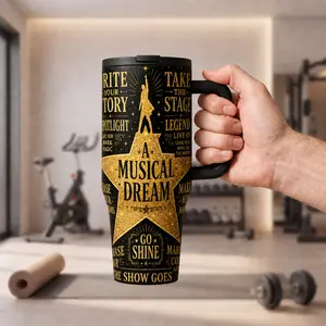 40oz Hamilton Musical Tumbler, Gold Glitter Stage Quote, Stainless Steel Insulated Travel Coffee Cup, Broadway Fan Gift