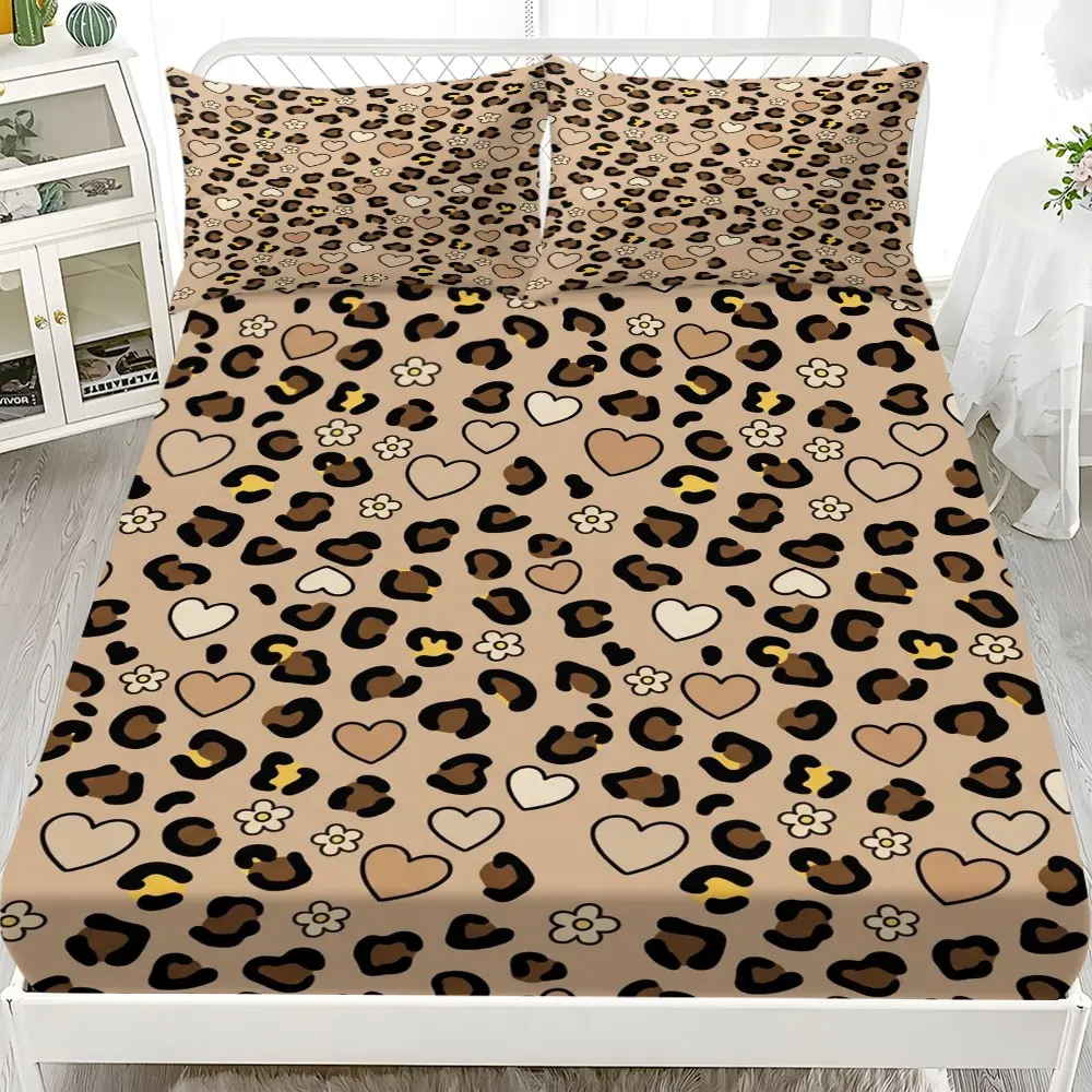 Luxury Leopard Print Bed Sheet Set, 3-Piece Comfortable Bedding, Soft Breathable Mattress Protector, Heart Design, No Core Included, Leopard Print Sheets