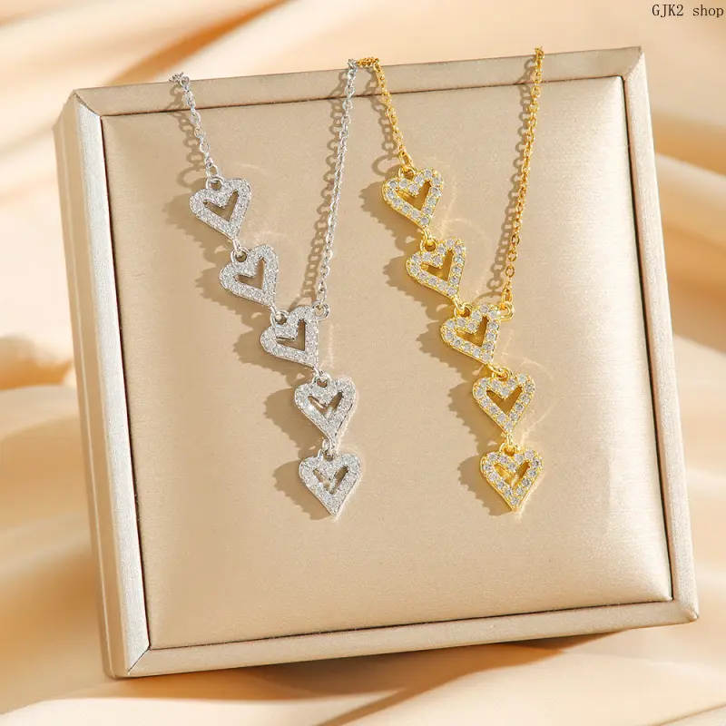 5‑Pieces Cascading Heart Pendant Necklace Silver & Gold‑Toned Rhinestone Hollow Heart Charm Necklace for Women