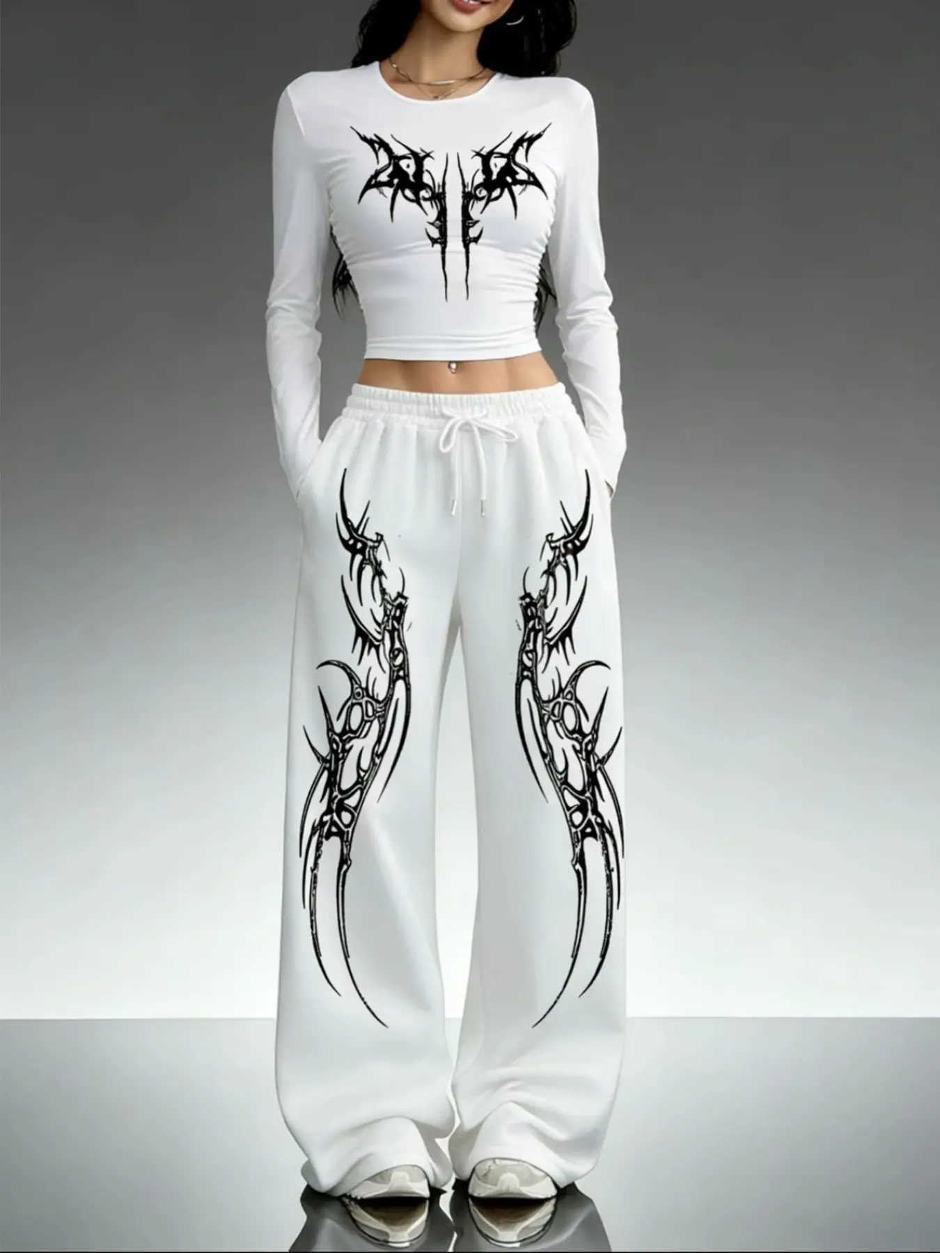 Short Sleeve Top Highlights Waistline, Spider Bone Print Wide Leg Sweatpants, Loose Fit Conceals All Leg Shapes, Cool and Slimming, Pants Set