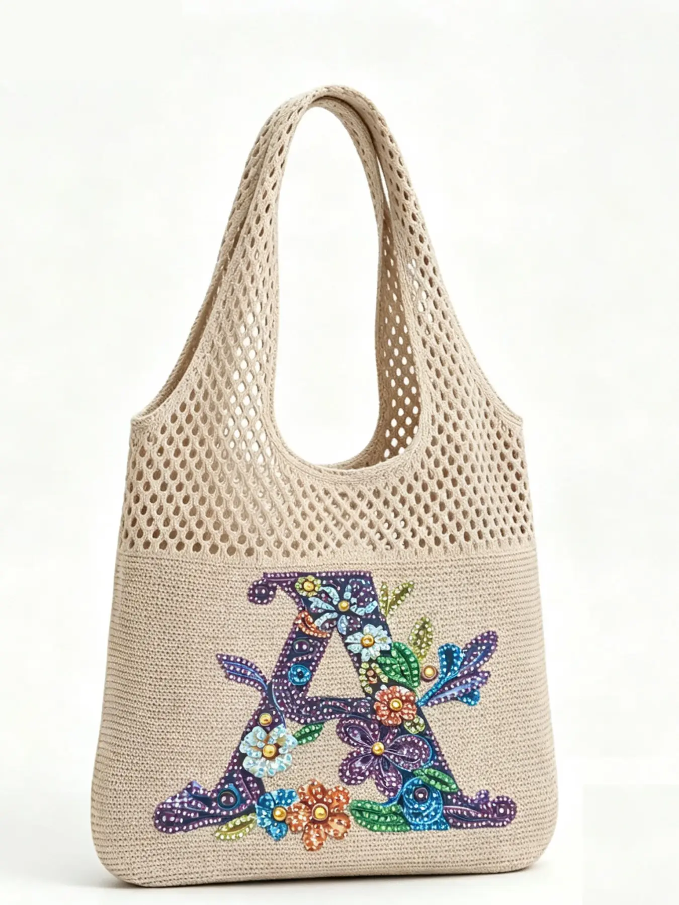 Women's Boho Crochet Letter Tote Bag with 26 Initials - Large Capacity Bohemian Mesh Beach Bag Suitable for Summer Travel, Vacation, Daily Use, Monogram Casual Handbag, Handwashable Shoulder Purse, Everyday Tote Bag, Patterned Bag