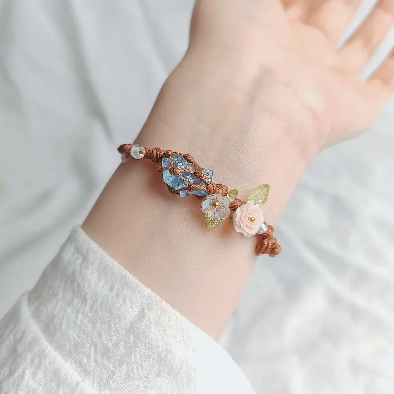 Cottagecore Handwoven Bracelet for Women, Dainty Floral Jewelry with Blue Crystal Chips, Adjustable Cord, Anniversary Earth Day Gift, Handcrafted, Floral Charms, Crystals, Calming, Perfect Gift For Women, Beaded Bracelet, Flower Design Bracelet