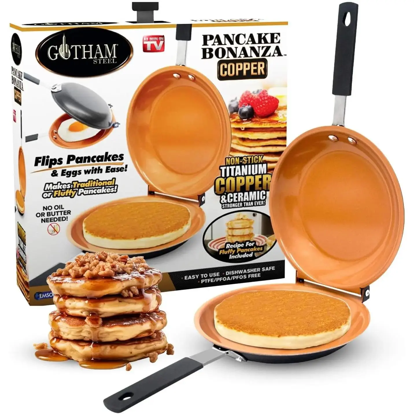 7-in Nonstick Ti-Ceramic Double Flip Round Double Pan, Eco-Friendly Lightweight Aluminium Cookware with Ergonomic Rubber Handles, Durable Design, 10-Year Guarantee, Dishwasher Safe for Healthier Cooking