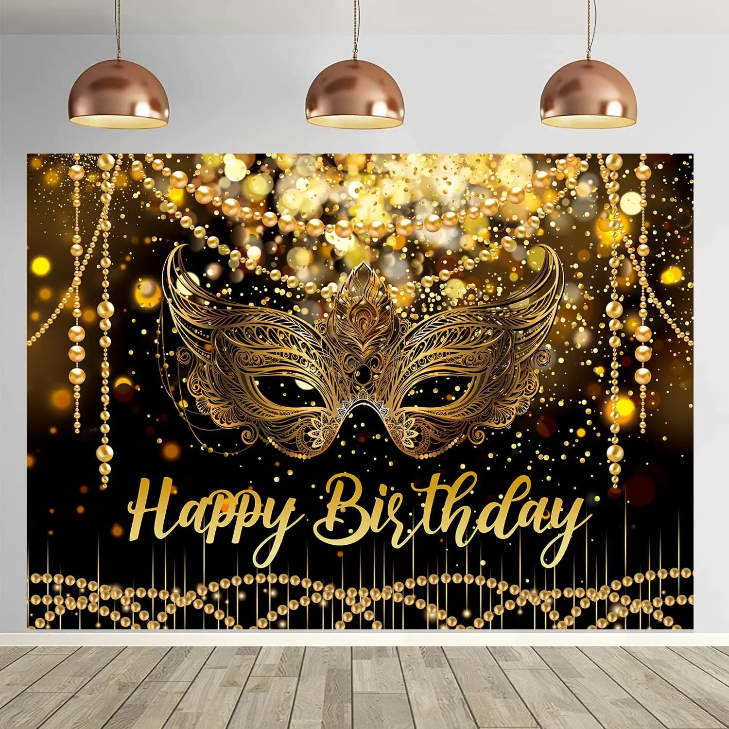 7X5FT Black and  Glitter Happy Birthday Backdrop Masquerade Mask Party Decorations Supplies Banner Masquerade Theme Carnival Dancing Photography Background