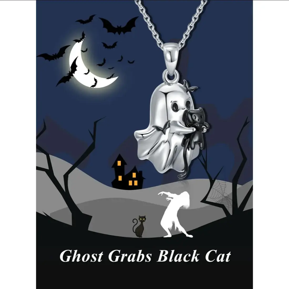 Halloween Necklace for Women & Men, Gothic Spooky Pendant Jewelry with Ghost, Black Cat & Bat Charms, Adjustable Chain, Trendy Statement Accessory for Halloween Parties, Night Out & Everyday Wear