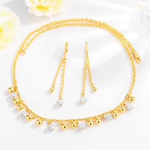 18K Gold-Plated Copper Solid Beads Simple-Style Jewelry Set, Necklace and Earrings for Women