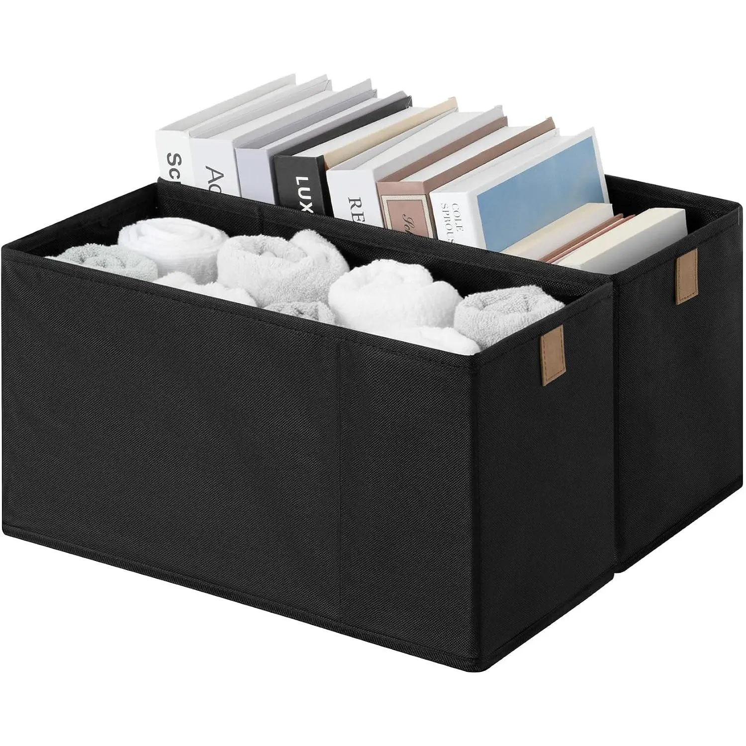 Narrow Storage Bins for Closet Shelves, Black, 2-Pack | Long Narrow Storage Basket, Collapsible Small Baskets for Organizing with PU Handle,  for Clothes, Towels, and Socks