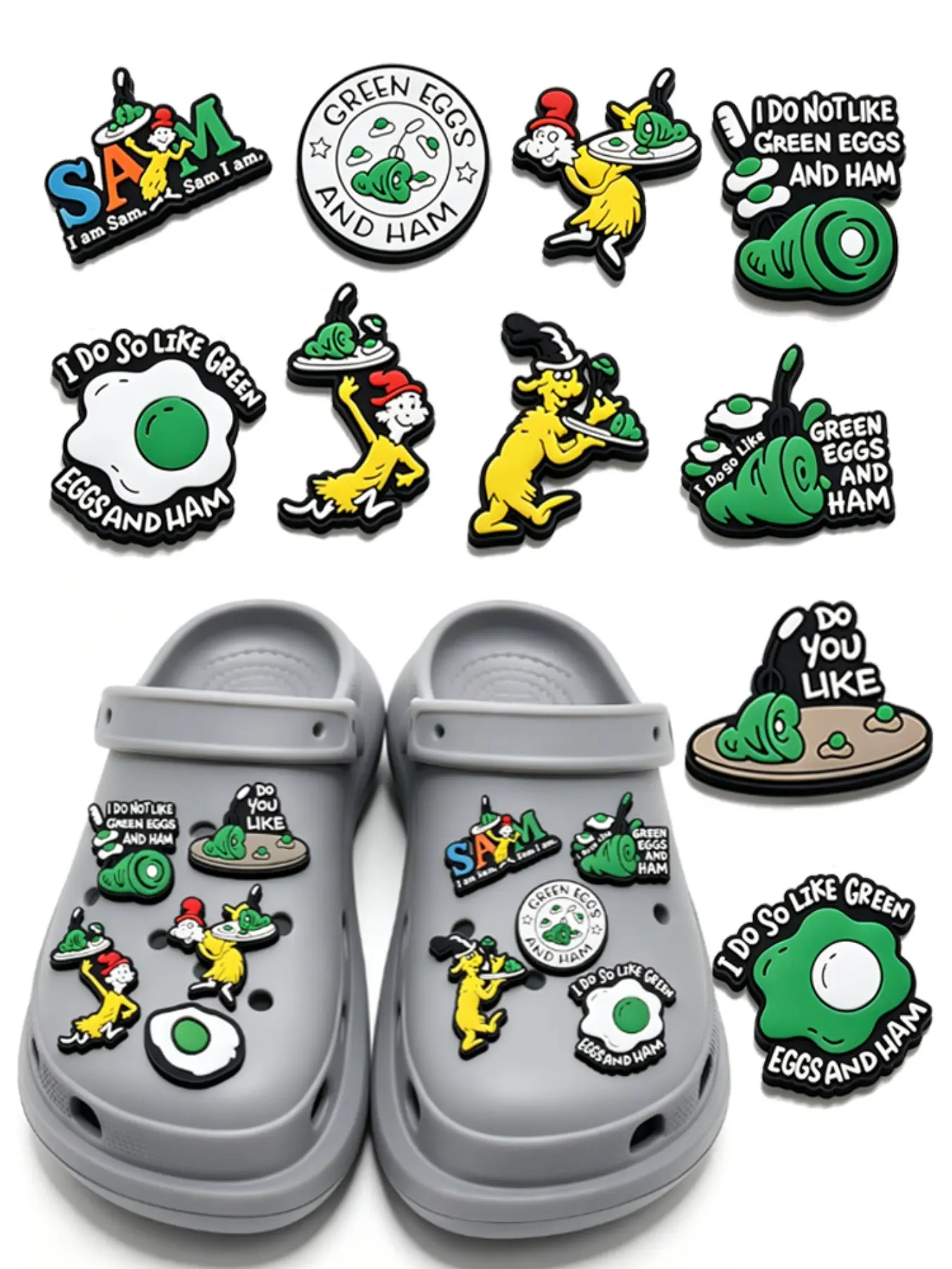Egg and Ham Theme Shoe Accessories, Cartoon Pattern, Button Front Design, Casual Style, All Seasons, Gift for Kids