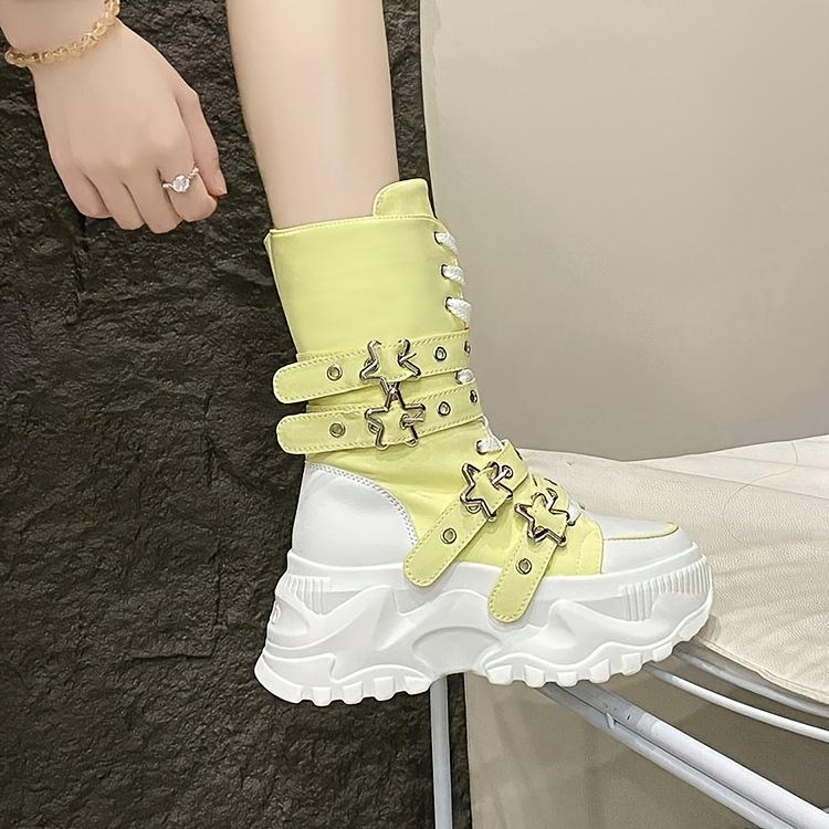 Chunky Platform Thick-Sole Height Increase 1.38 1.97 Lift Lace-Up Round-Toe All-Season All-Terrain Traction Low Heel Rubber Sole Fabric Upper Casual Athletic Wear Brown Black Easy-Clean Hand Washable