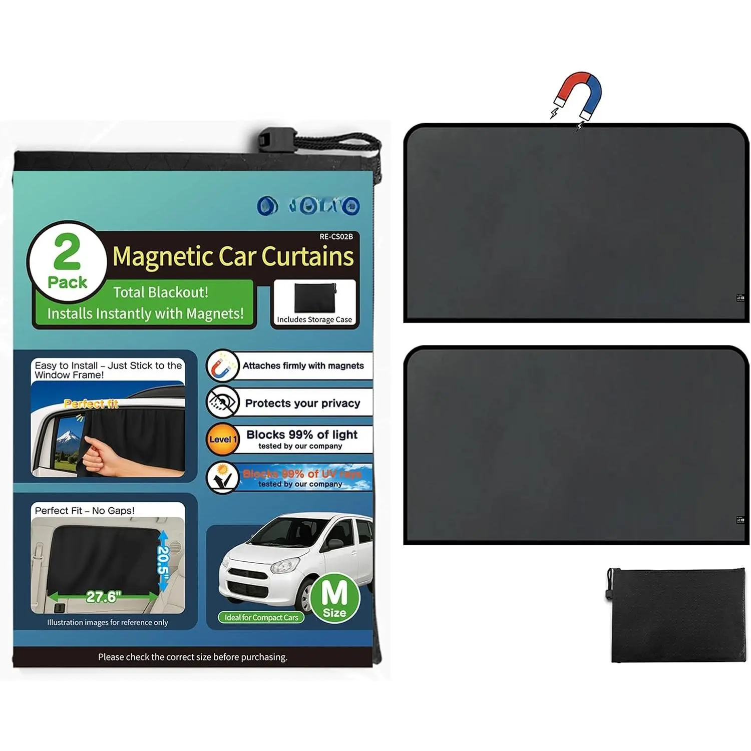 Window Shades 2 Pack, 99% Blackout & UV Blocking, No Tool  Installation, with Storage Case, Fit Compact /Mini  (Black, 27.6" L x 20.5" W)