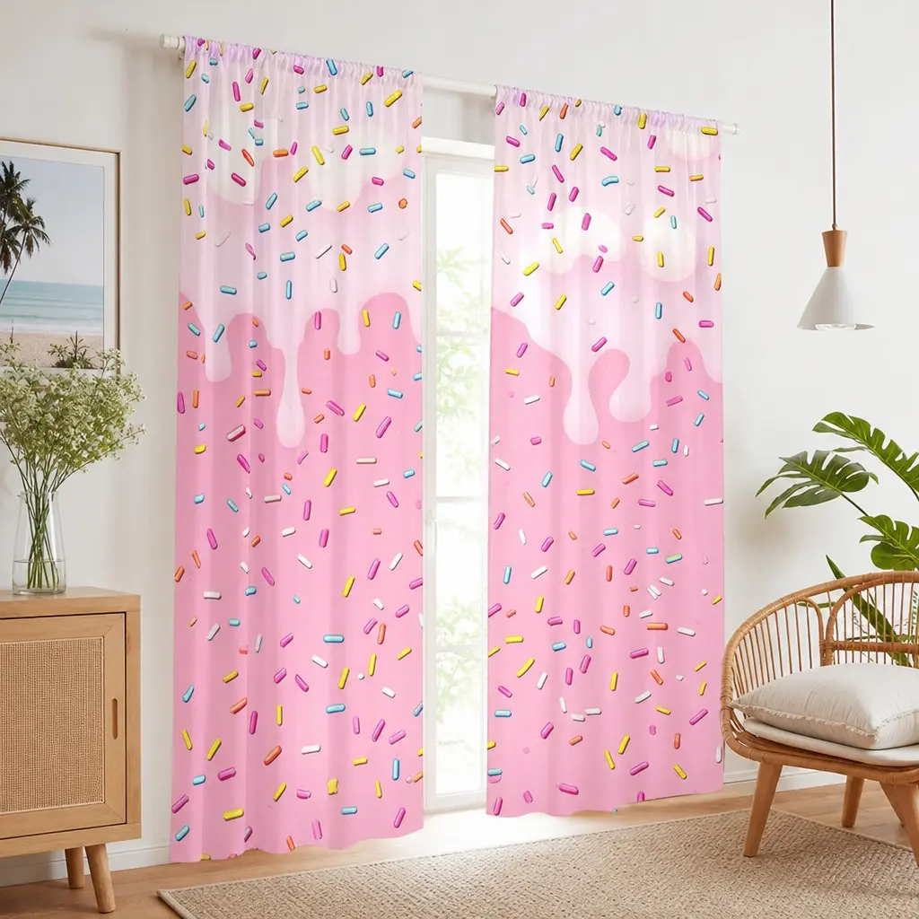 2-Pack Ice Cream Melted Sugar Needle Curtains, Cute Multicolor Semi-Transparent Drapes for Girls' Bedroom, Kids' Room, Baby Room Decor