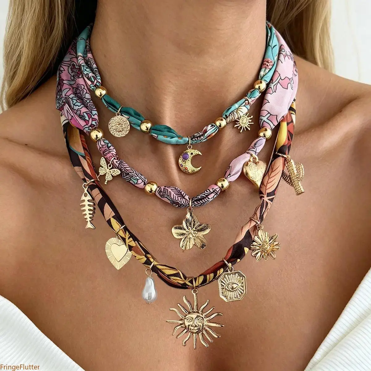 Women Adjustable Boho Silk Scarf Choker Necklace, Vintage Floral Sun Moon Cross Gold Pendant, Summer Outdoor Accessory