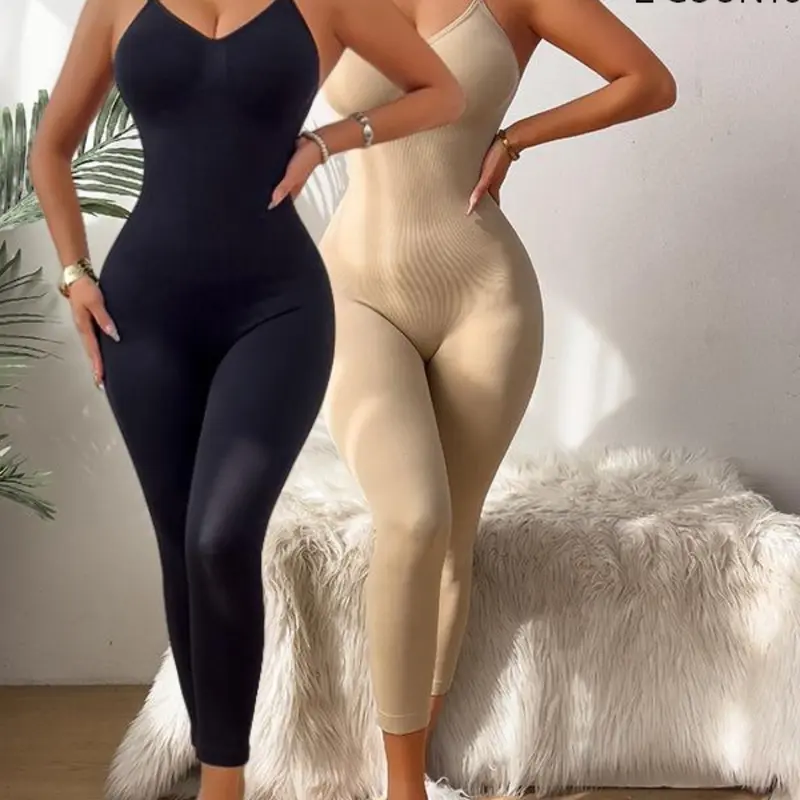 Women's Fall Winter Seamless Shapewear Long Pants, High Waist Slimming Bodycon Jumpsuit, Plus Size Backless Seven-Eighth Leggings, Compression Shapewear Jumpsuit, Tight Fitting Jumpsuit, Sculpting Jumpsuit
