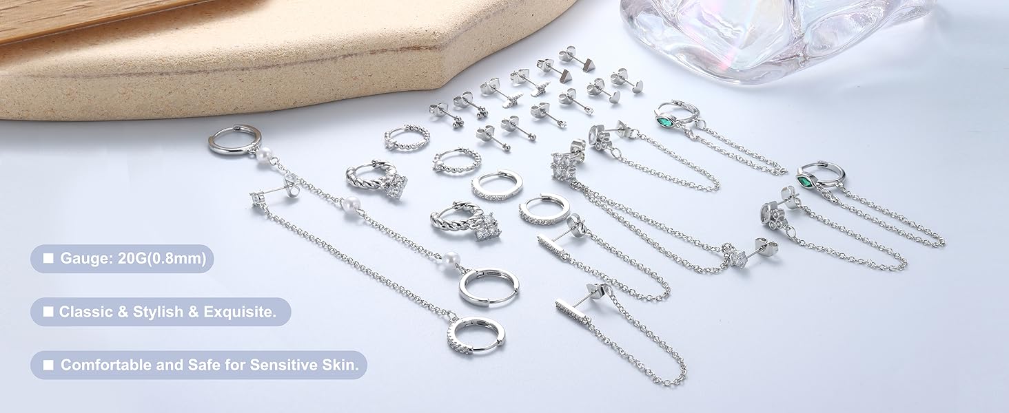 BESTEEL 27 PCS Dainty Gold Earrings Set for Women 14K Gold Plated Stud Huggie Hoop Earring Sets for Multiple Piercing Hypoallergenic Surgical Steel Small Dangle Chain Cartilage Earrings Stacks Pack