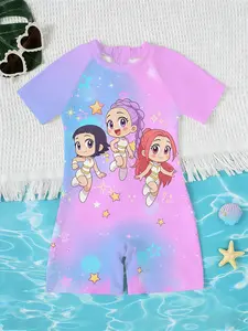 Girls' Summer Jumpsuit Swimsuit, Nebula Q Version Girl Group Print Short Sleeve Beach Sun Protection Swimwear