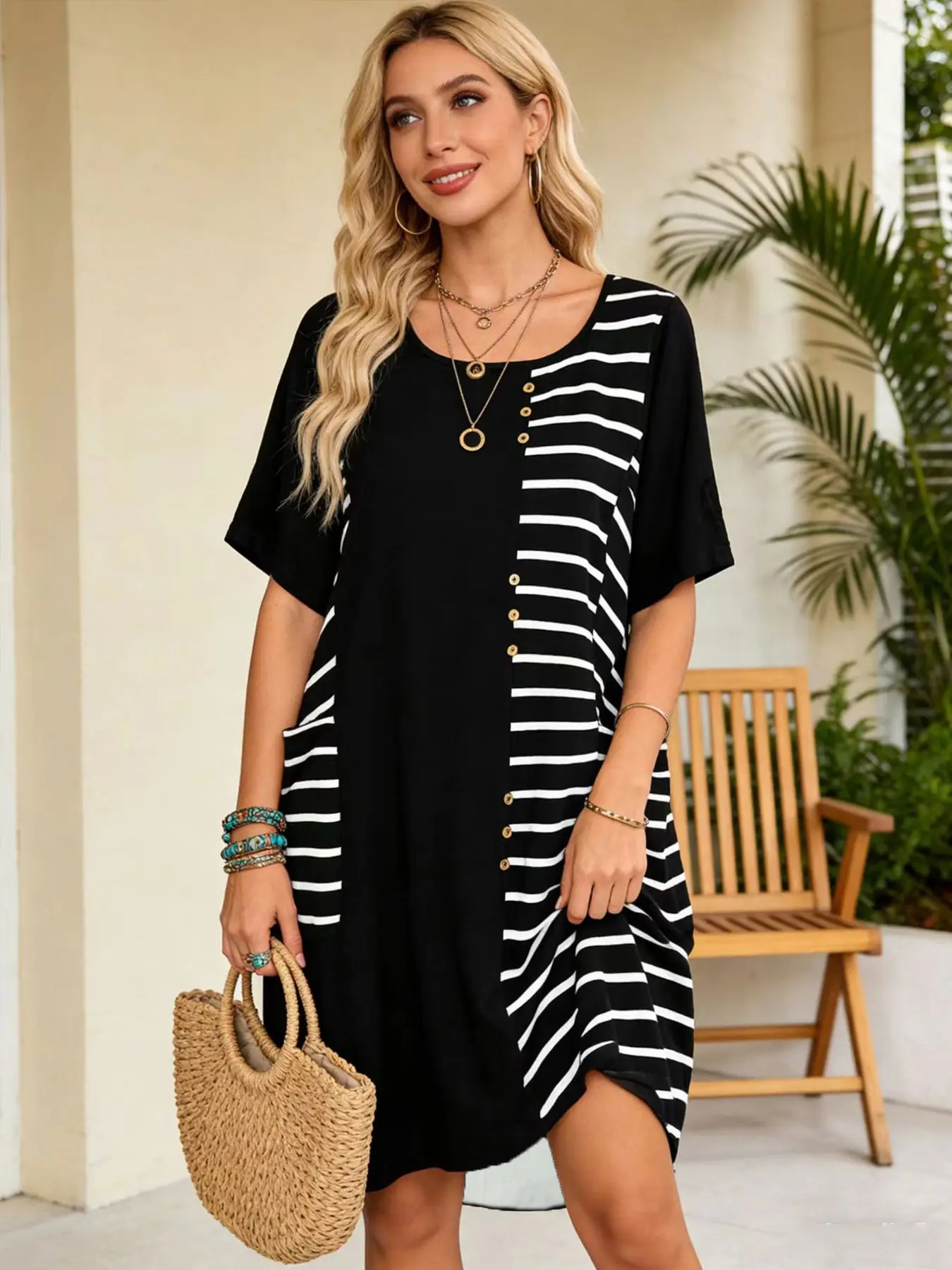 Women's Casual Striped Patchwork T-Shirt Dress with Pockets, Loose Fit Summer Beach Dress, Beach Holiday Dresses, Beach Resort Wear, Casual Beach Sundress, Comfortable, Stylish and Chic