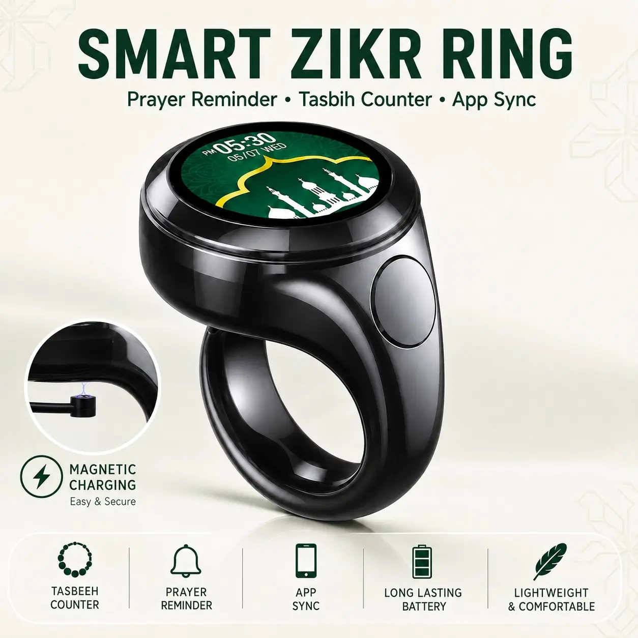 Smart Counter Ring, Oled Display Prayer Beads Counter, Customizable Screen, APP Sync, Qibla Direction, Muslim Prayer Reminder for Men and Women