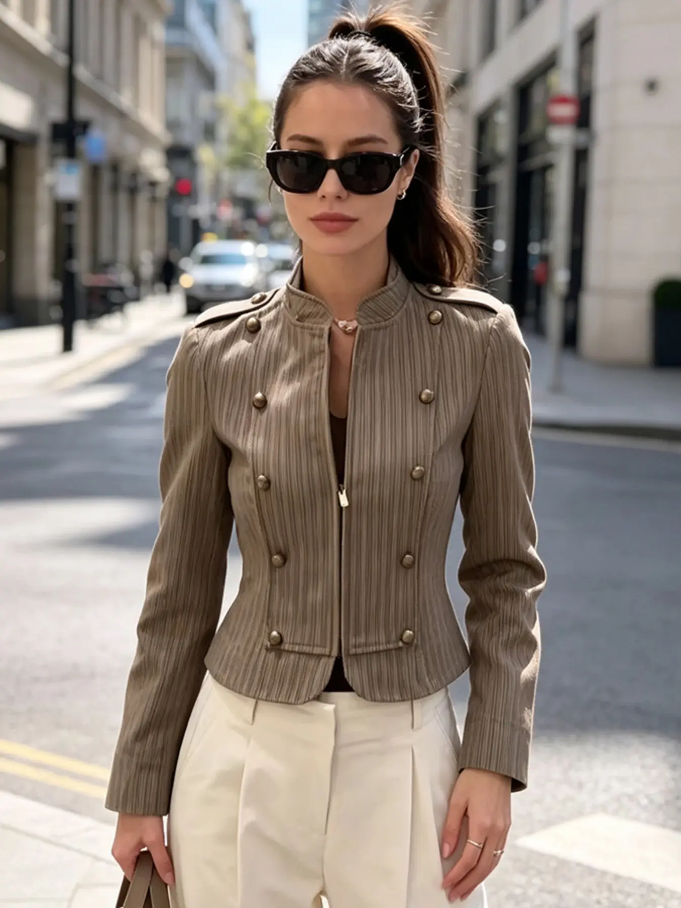 Women Elegant Slim Chic Short Coats Female Fashion Stripes Blazer With Zipper Long Sleeves Lady Casual Street Jackets