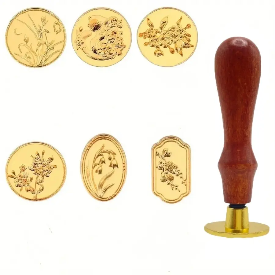 Vintage Floral Wax Seal Stamp Set, Reusable Stamping, Handheld, Includes 6 Wax Stamps & 1 Wood Handle, Perfect for Weddings, Birthdays, Invitations, Gift Wrapping Decorations, Scrapbooking, Handmade Crafts, Scrapbooking Tool, Handcraft
