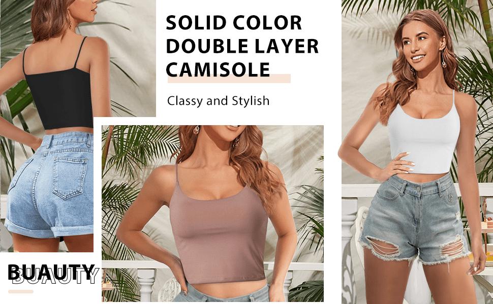 Women's 2-Pack Stretchy Cropped Cami Tops-Spaghetti Strap, Sleeveless, Short, Leak-Proof Camisole, Minimalist Basic Casual Summer Daily Wear