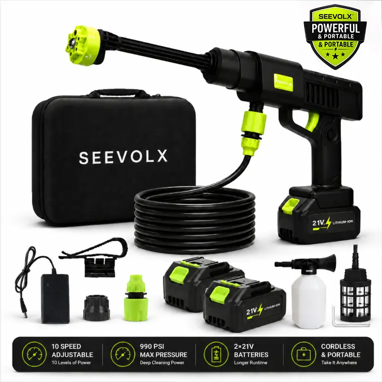 SEEVOLX Cordless Pressure Washer, Portable Power Washer with 10-Speed Touchscreen, 2 Batteries & Foam Cannon, 6-in-1 Nozzle for Car Wash, Patio, Garden & Driveway Cleaning